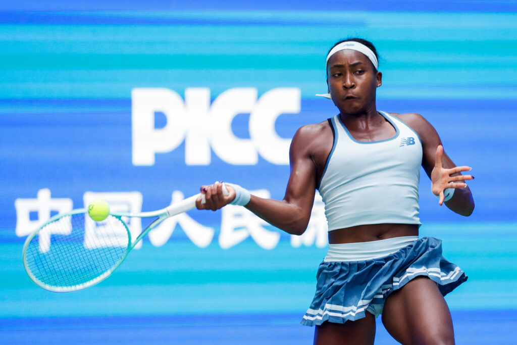 Coco Gauff hits a forehand at the 2025 Wuhan Open