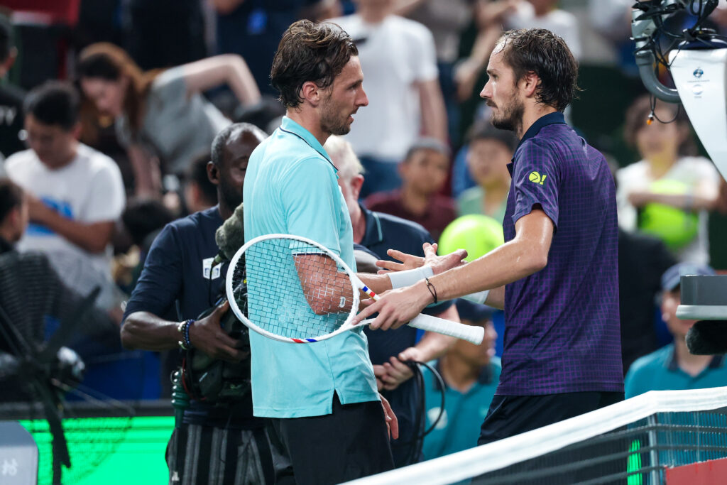 Arthur Rinderknech of France reacts during the match against Daniil Medvedev in the Men's singles Semifinals on day 13 of the 2025 Shanghai Rolex Masters at Qi Zhong Tennis Center.