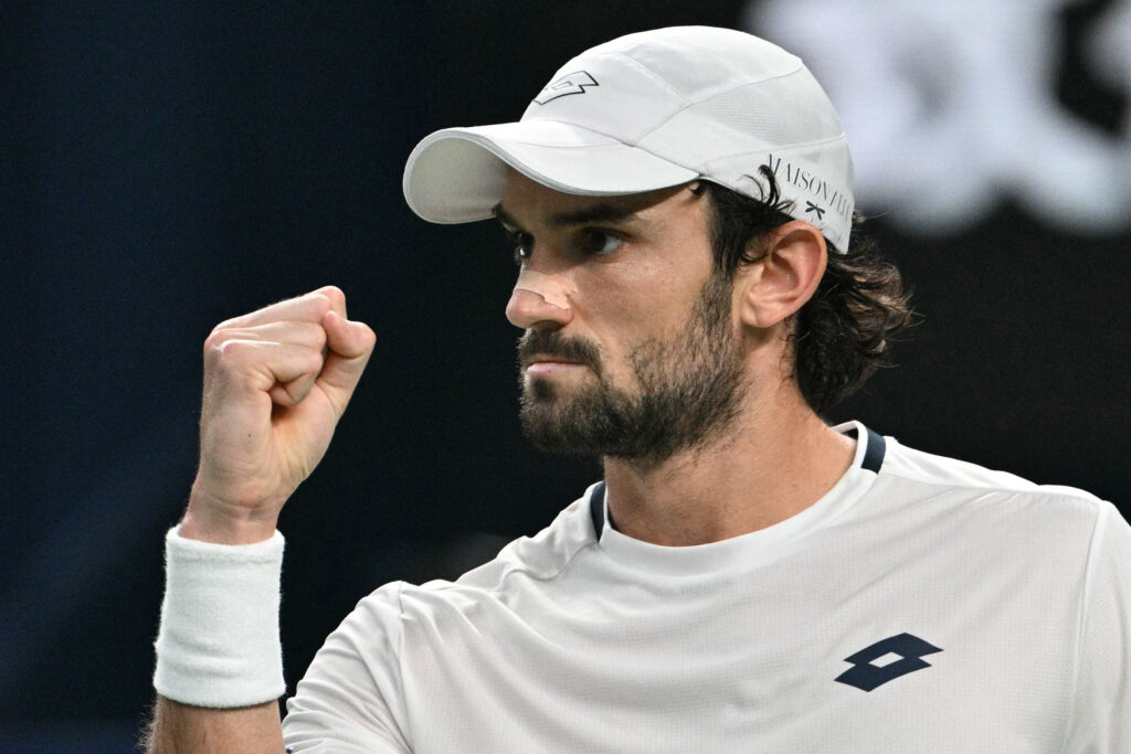 Valentin Vacherot reacts after a point against France's Arthur Rinderknech during the men's singles final at the Shanghai Masters tennis tournament in Shanghai.