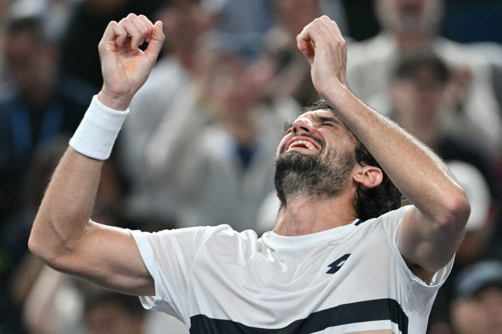 Valentin Vacherto celebrates after beating Arthur Rinderknech in the Shanghai Masters final.