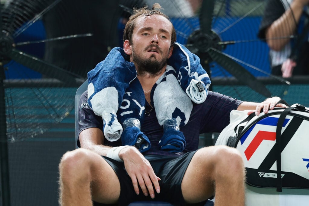Daniil Medvedev reacts during the match against Alex De Minaur of Australia in the Men's singles Quarterfinal match on day 12 of the 2025 Shanghai Rolex Masters at Qi Zhong Tennis Center.