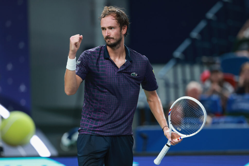 Daniil Medvedev reacts during the match against Alex De Minaur of Australia in the Men's singles Quarterfinal match on day 12 of the 2025 Shanghai Rolex Masters at Qi Zhong Tennis Center.