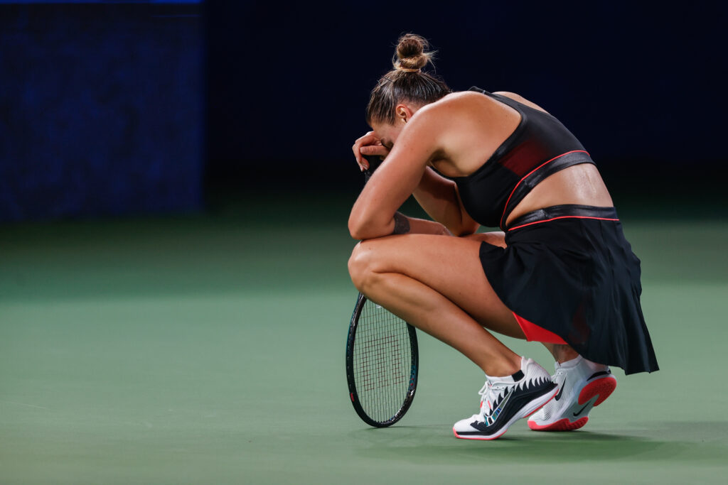 Aryna Sabalenka reacts in Wuhan.