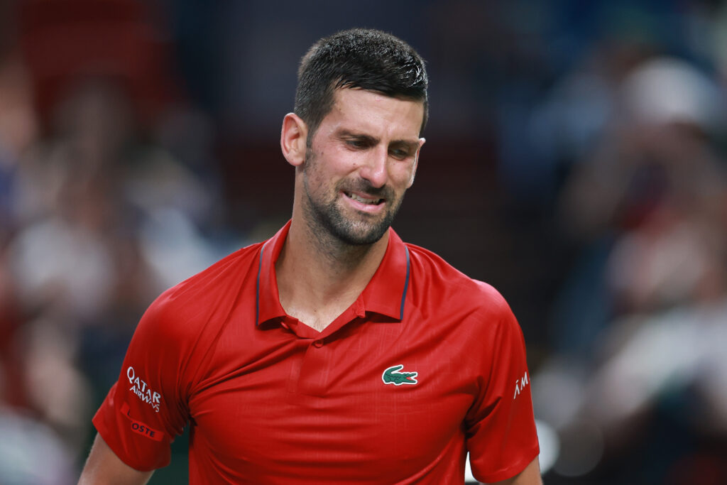 Novak Djokovic reacts during his defeat to Valentin Vacherot at the 2025 Shanghai Masters