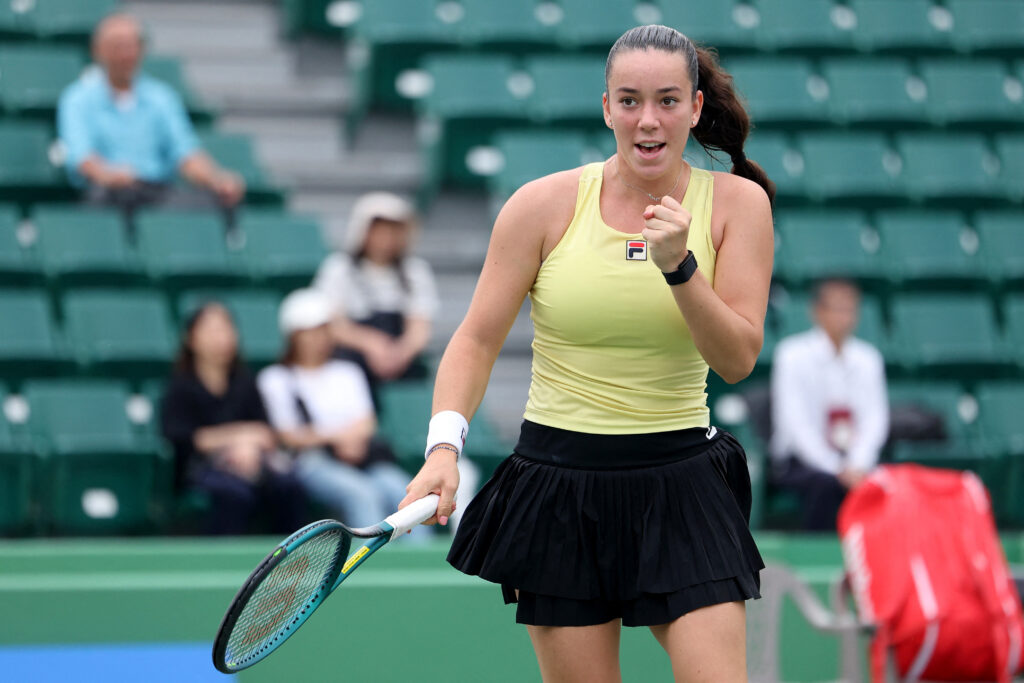 Tereza Valentova reacts after winning a point against Belgium's Elise Mertens during their women's singles match at the Japan Open tennis tournament in Osaka.