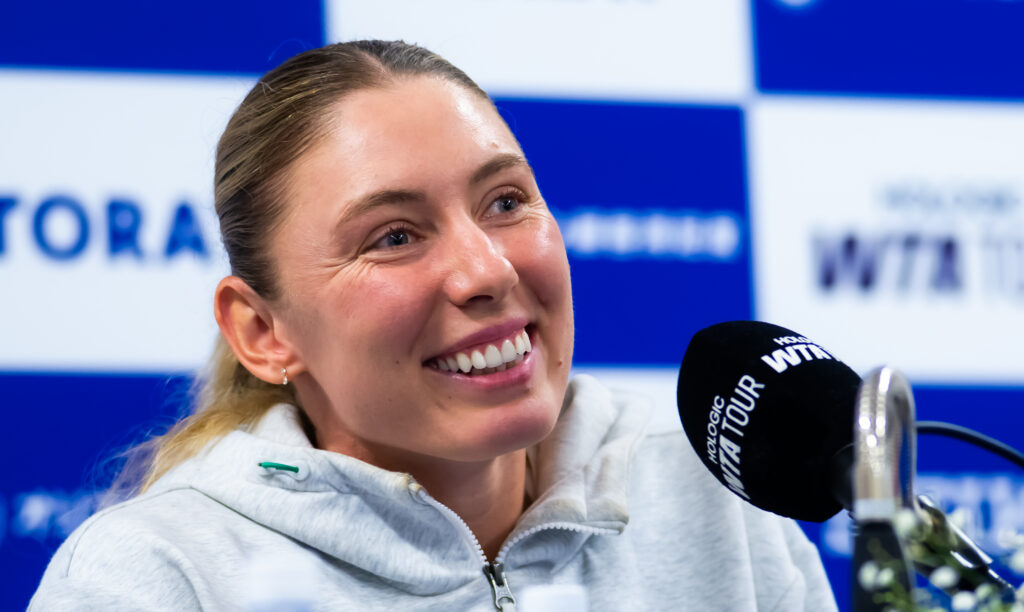 Ekaterina Alexandrova talks to the media on Day 2 of the Toray Pan Pacific Open at Ariake Coliseum.
