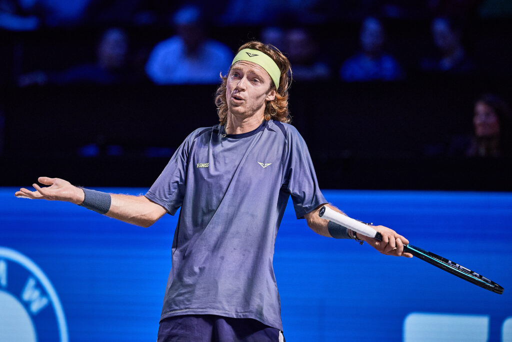 Andrey Rublev reacts on court during his match against Cameron Norrie of Great Britain during day 4 of the Erste Bank Open 2025 at the Wiener Stadthalle.