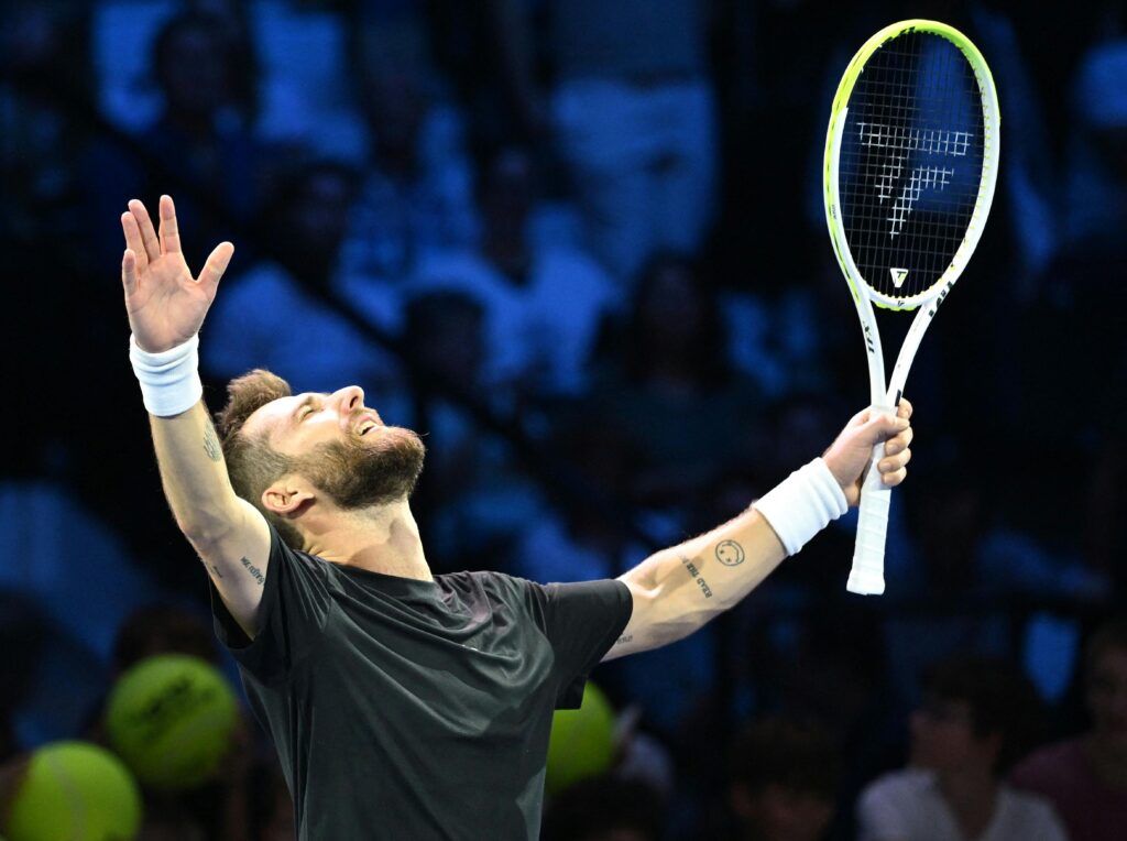 Corentin Moutet reacts after beating Daniil Medvedev at the Vienna Open.