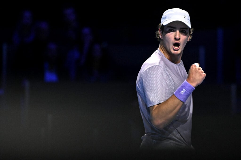 Joao Fonseca celebrates during his win over Denis Shapovalov at the 2025 Swiss Indoors