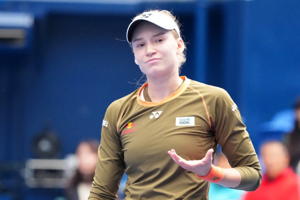 lena Rybakina of Kazakhstan reacts in her match against Leylah Fernandez of Canada during the Singles Round of 16 on day four of the Toray Pan Pacific Open at Ariake Coliseum.
