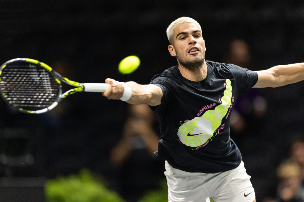 Carlos Alcaraz hits a forehand ahead of the Paris Masters.