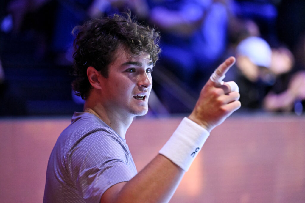 Joao Fonseca celebrates his win at the 2025 Swiss Indoors
