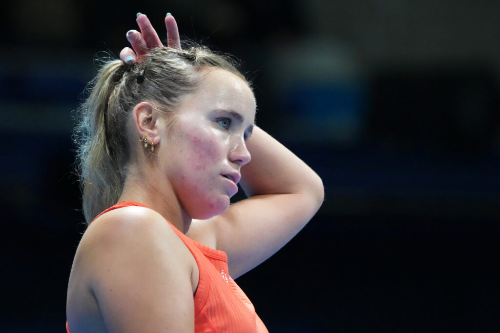 Sofia Kenin of United States looks on against Belinda Bencic of Switzerland during the Singles Semi-Final on day six of the Toray Pan Pacific Open at Ariake Coliseum.