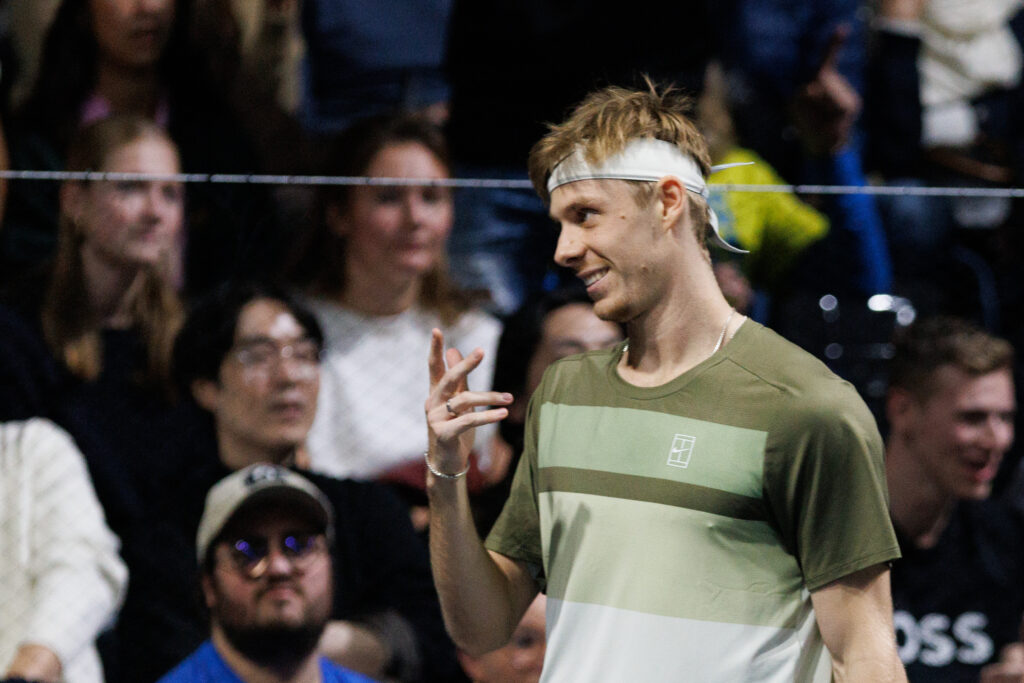 Denis Shapovalov reacts during his defeat to Joao Fonseca at the 2025 Paris Masters