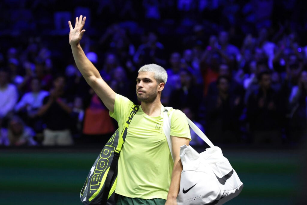 Carlos Alcaraz of Spain his fans after the defeat against Cameron Norrie of Great Britain during day two of the Rolex Paris Masters 2025.