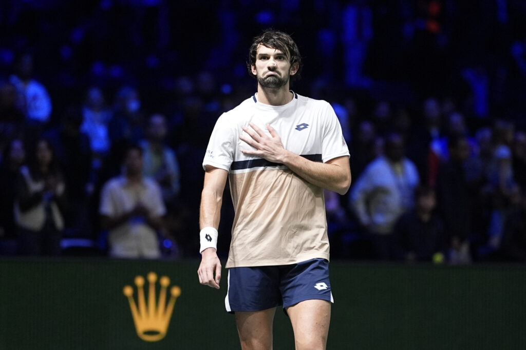Valentin Vacherot reacts at the Paris Masters.