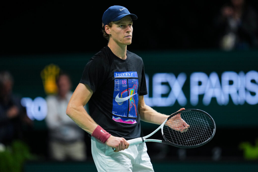 Jannik Sinner practicing ahead of the 2025 Paris Masters.