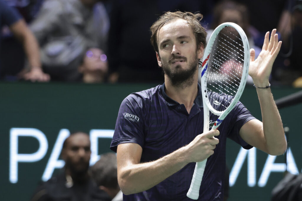 Daniil Medvedev of Russia celebrates winning his first round match against Jaume Munar of Spain on day two of the Rolex Paris Masters 2025, an ATP 1000 tennis tournament at Paris Defense Arena.