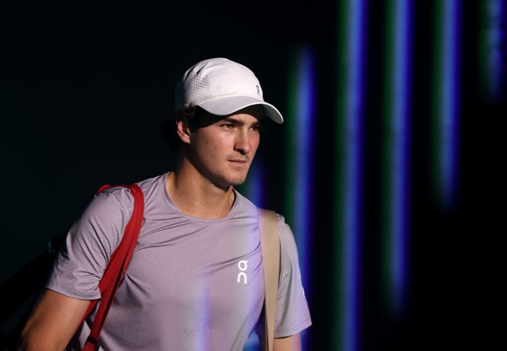 Joao Fonseca walks out on court to play Karen Khachanov at the 2025 Paris Masters