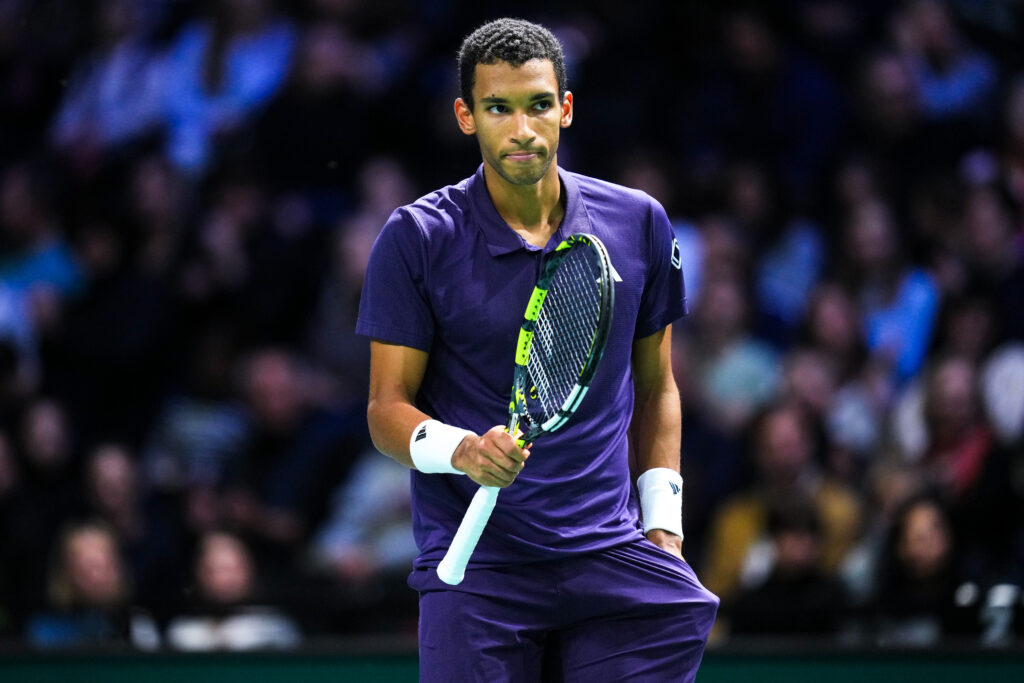 Felix Auger-Aliassime reacts at the Paris Masters.