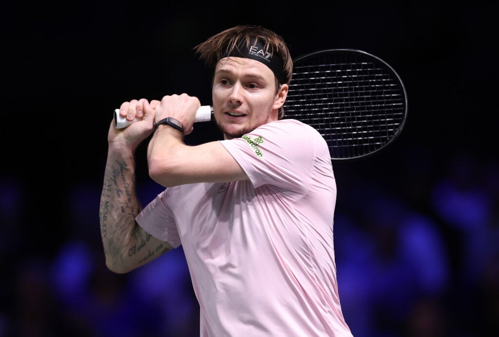 Alexander Bublik hits a forehand at the 2025 Paris Masters