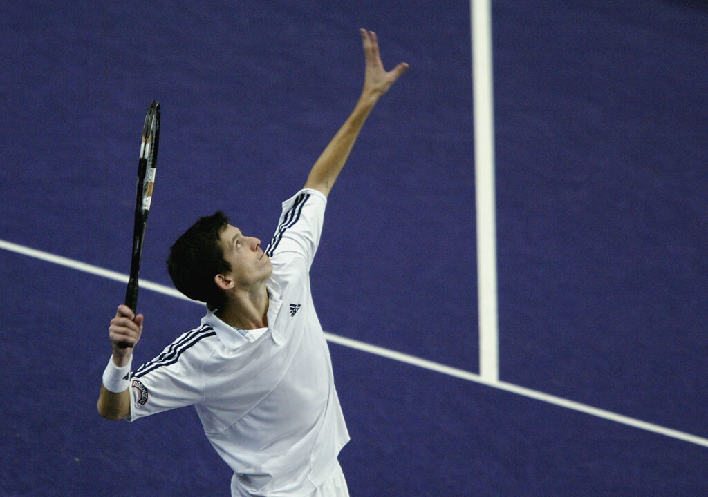 Tim Henman in action at the Paris Masters in 2003.