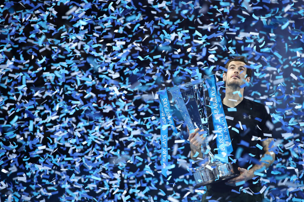 Andy Murray celebrates with the ATP Finals title in 2016