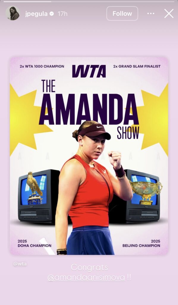 Jessica Pegula congratulates compatriot Amanda Anisimova on Instagram after she wins the China Open.