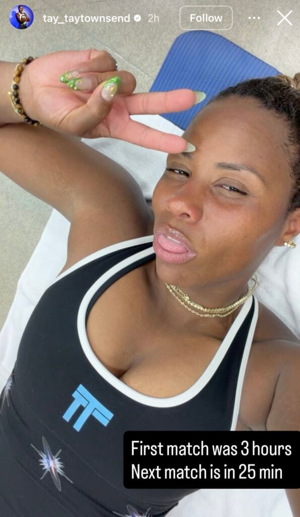 Taylor Townsend reveals how long she had to recover between matches at the Japan Open in an Instagram story.