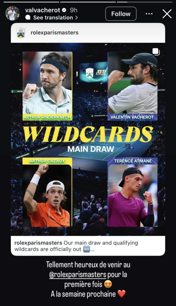 Valentin Vacherot thanks the Paris Masters for giving him a wildcard for the 2025 tournament.