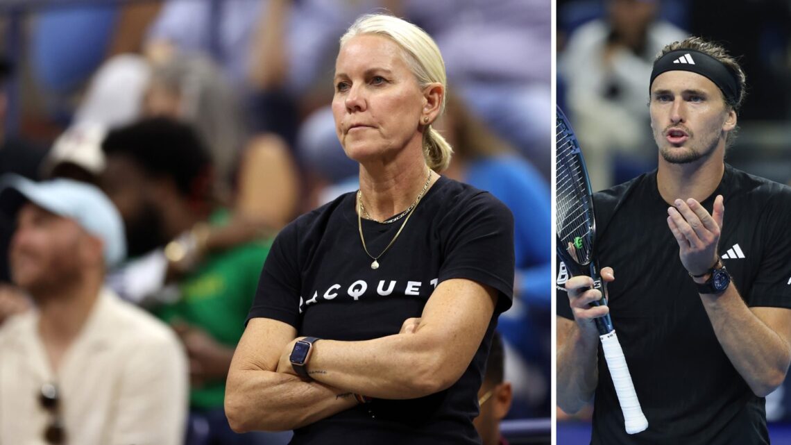 Left: Rennae Stubbs at the US Open in 2022 and Right: Alexander Zverev plays at the Shanghai Masters