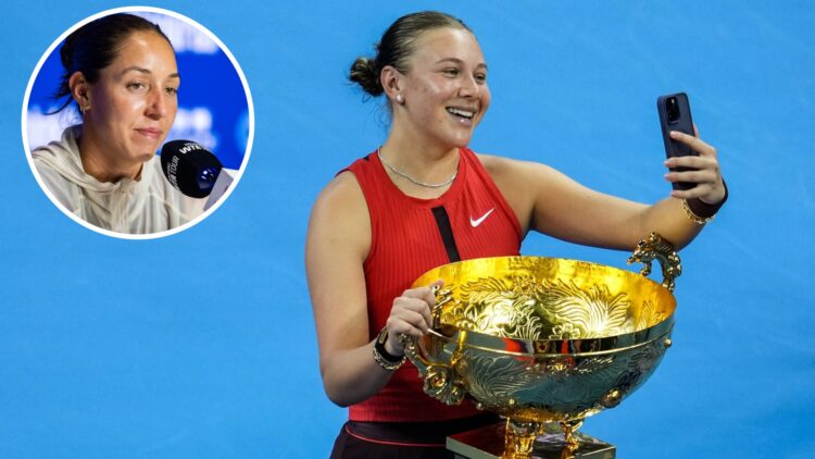 Amanda Anisimova of the United States celebrates with the trophy on medal ceremony after winning the Women's Singles Final match against Linda Nosk...