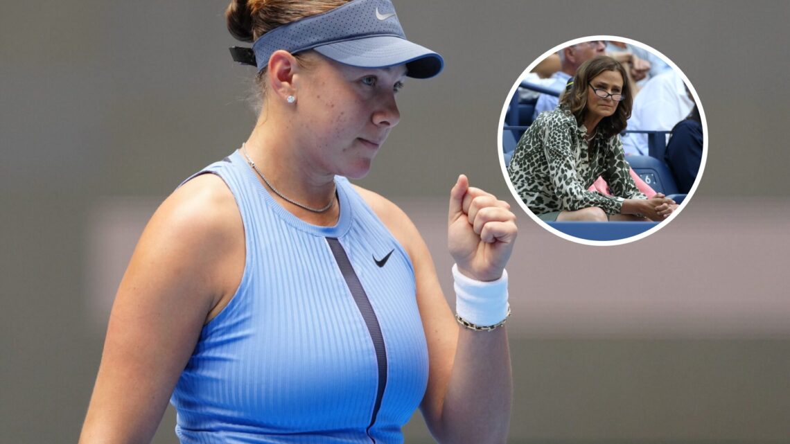 Main: Amanda Anisimova celebrates a point at the China Open and Inset: Pam Shriver