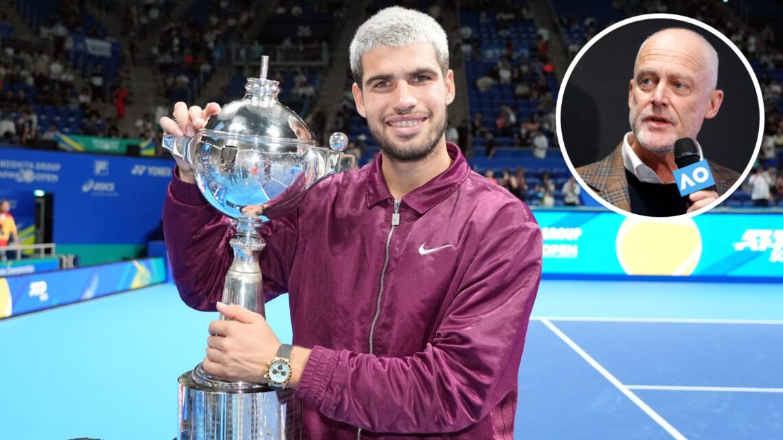 Carlos Alcaraz of Spain poses with the trophy after defeating against Taylor Fritz of United States during the Singles Final on day seven of Kinosh...
