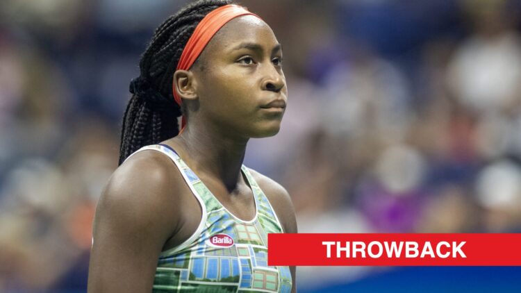 Coco Gauff looks on at the 2019 US Open, throwback label added