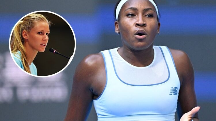 Image of Coco Gauff reacting during her match with Leylah Fernandez at the 2025 China Open, inset of Elena Dementieva answering questions during a ...