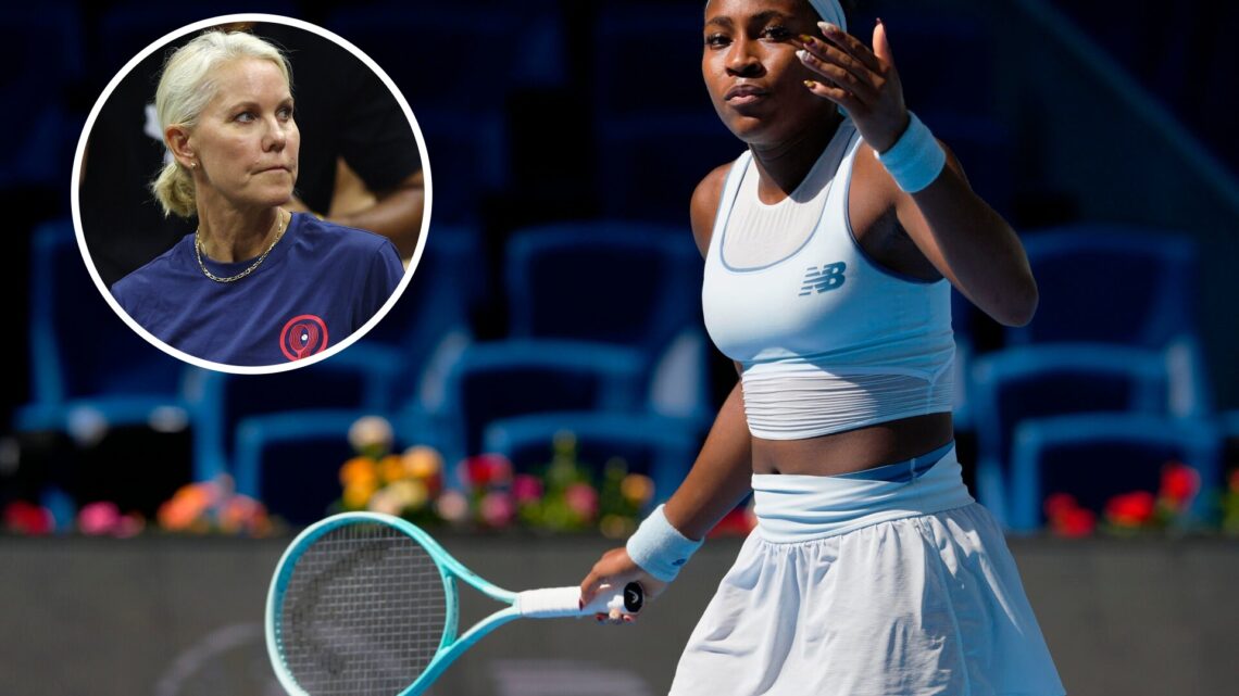 Coco Gauff of the United States reacts against Belinda Bencic of Switzerland during in the Women's Singles Round of 16 match on day 9 of the 2025 C...