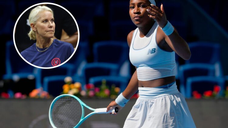 Coco Gauff of the United States reacts against Belinda Bencic of Switzerland during in the Women's Singles Round of 16 match on day 9 of the 2025 C...