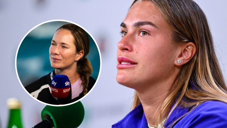Aryna Sabalenka at a French Open press conference, with an inset of Danielle Collins speaking to the media at the 2025 Miami Open.