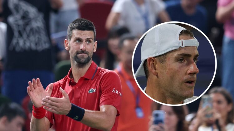 Novak Djokovic reacts at the Shanghai Masters, with an inset of John Isner reacting against Jenson Brooksby during the Atlanta Open at Atlantic Sta...