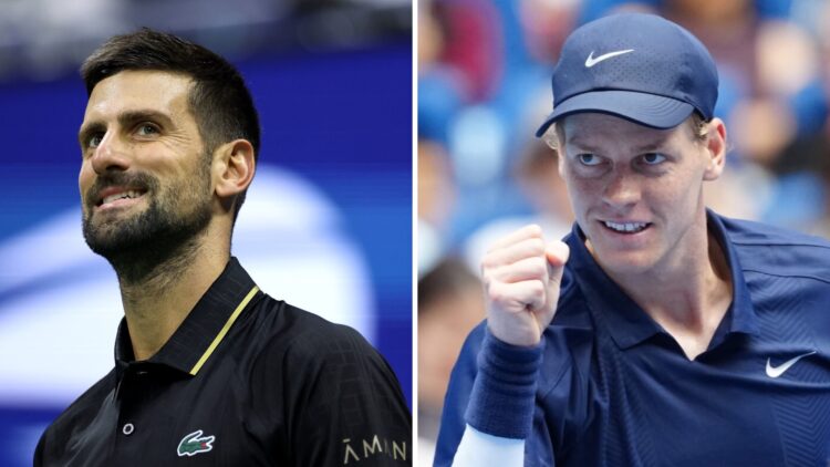 Novak Djokovic (L) reacts at the US Open, Jannik Sinner (R) celebrates at the 2025 China Open.