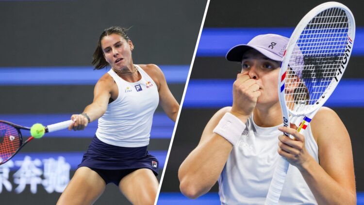 Split image of Emma Navarro of the United States competes in the Women's Singles Round of 16 match against Iga Swiatek of Poland on day 10 of the 2...