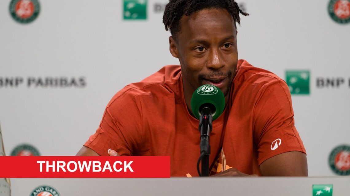 Gael Monfils of France attends a press conference ahead of the French Open at Roland Garros, with a throwback label.