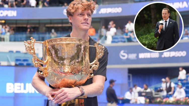 Jannik Sinner of Italy poses with his trophy during the medal ceremony after winning the Men's Singles final match against Learner Tien of the Unit...