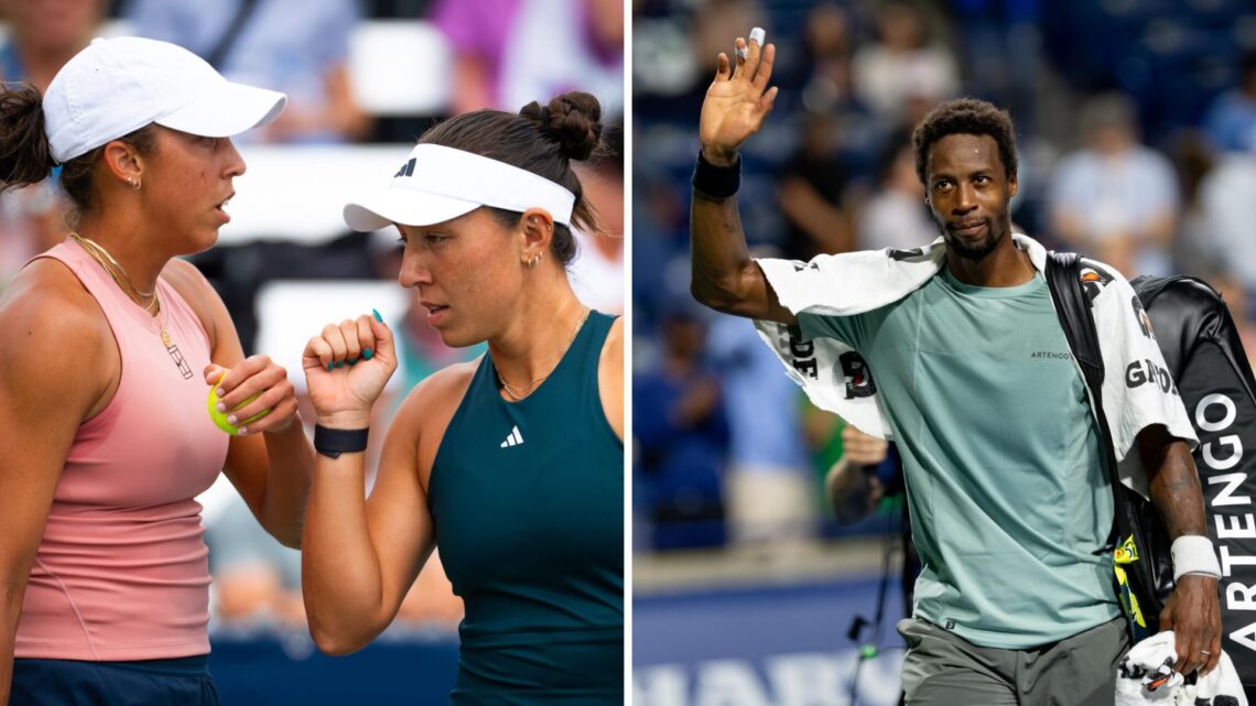 Split image of Madison Keys of the United States and Jessica Pegula of the United States in action against Peyton Stearns of the United States and ...