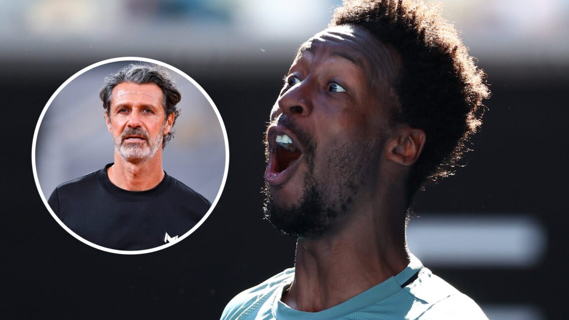 Gael Monfils reacts at the Australian Open, with an inset of Patrick Mouratoglou looking on at Roland Garros.