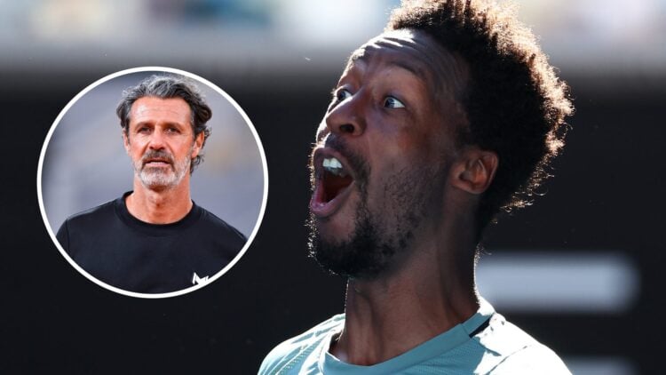 Gael Monfils reacts at the Australian Open, with an inset of Patrick Mouratoglou looking on at Roland Garros.