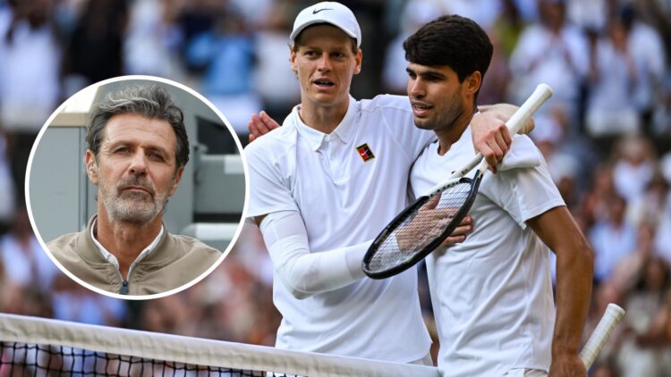 Jannik Sinner of Italy and Carlos Alcaraz of Spain after the Men's Singles Final on day fourteen of The Championships Wimbledon 2025 at All England...