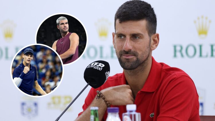 Image of Novak Djokovic answering questions ahead of the 2025 Shanghai Masters, inset of Carlos Alcaraz celebrating his win over Sebastian Baez at ...