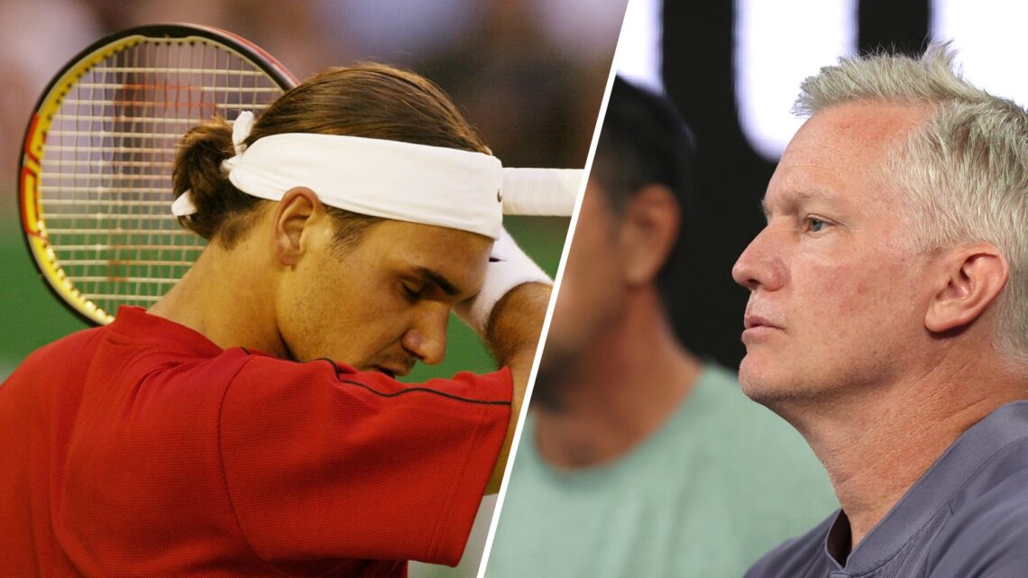 Split image of Roger Federer of Switzerland looks dejected during his match against Lleyton Hewitt of Australia during day eight of the Australian ...